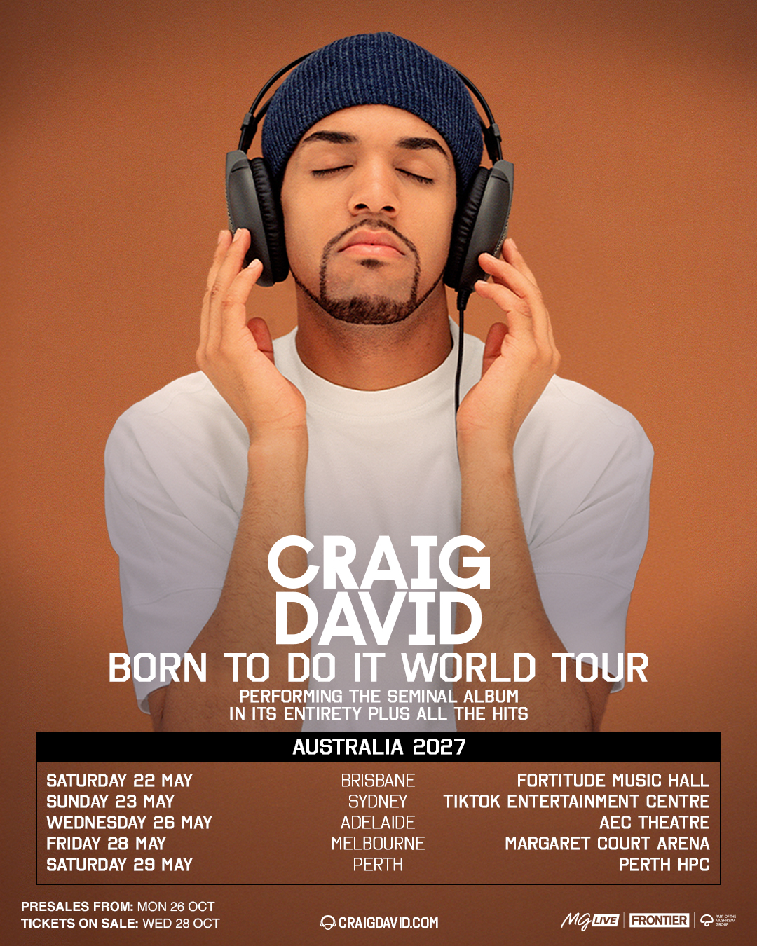 Craig David Born To Do It World Tour 2027 Australian dates poster featuring Craig David with headphones.